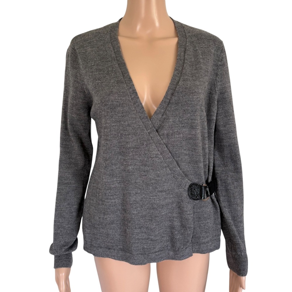 Tweeds 100% Merino Wool Side Buckle Wrap Cardigan Sweater Sz M Office Siren